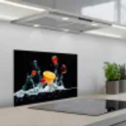 Water - Fruit - Sinaasappel - Aardbei - Kers - Zwart keuken achterwand spatscherm klein -3d_schuin