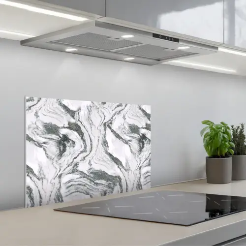Wit - Marmer - Golvend - Grafiet keuken achterwand spatscherm klein 900 -3d_schuin