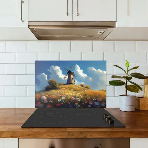 Windmolen - Heuvel - Bloemen - Kleurrijk keuken achterwand spatscherm klein -sfeer2