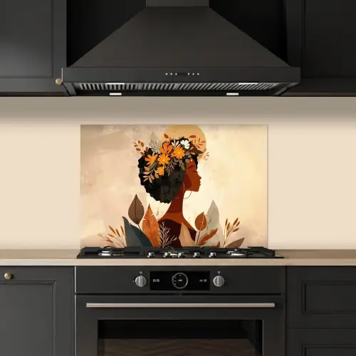 Vrouw - Krullen - Bloemen - Beige keuken achterwand spatscherm klein -sfeer1