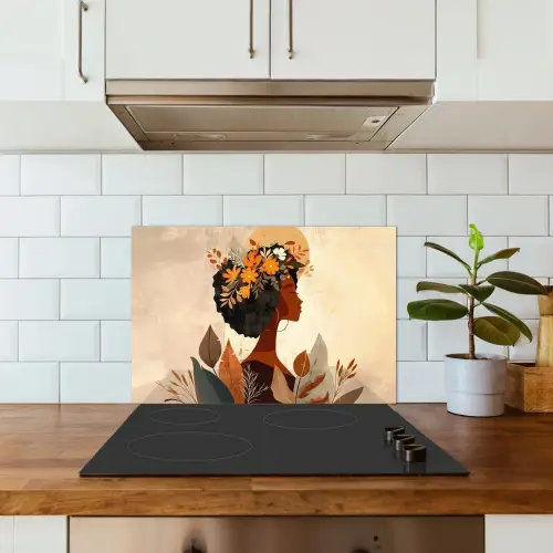 Vrouw - Krullen - Bloemen - Beige keuken achterwand spatscherm klein -sfeer2