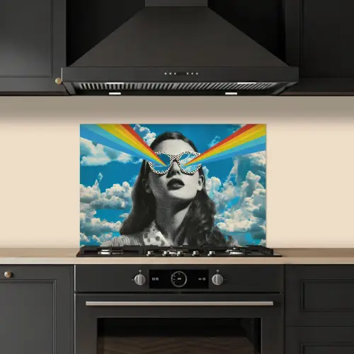 Vrouw - Bril - Regenboog - Wolken keuken achterwand spatscherm klein -sfeer1