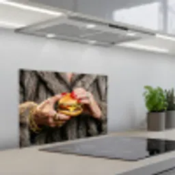 Vrouw - Hamburger - Bontjas keuken achterwand spatscherm klein -3d_schuin