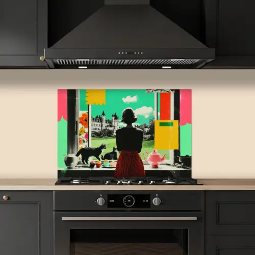 Vrouw - Keuken - Katten - Doorkijk keuken achterwand spatscherm klein -sfeer1