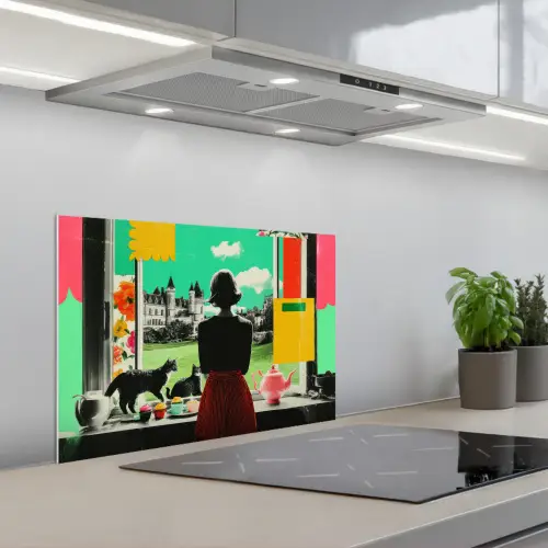 Vrouw - Keuken - Katten - Doorkijk keuken achterwand spatscherm klein -3d_schuin