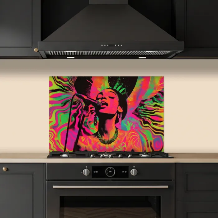 Vrouw - Microfoon - Neon keuken achterwand spatscherm klein -sfeer1