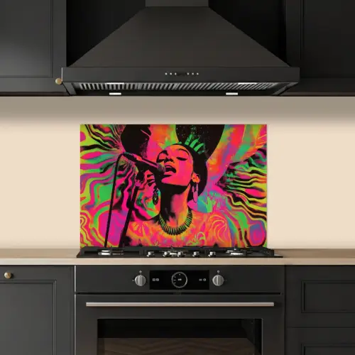 Vrouw - Microfoon - Neon keuken achterwand spatscherm klein -sfeer1
