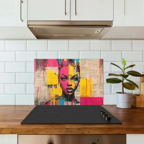 Vrouwengezicht - Krantenpapier - Abstract - Roze keuken achterwand spatscherm klein -sfeer2