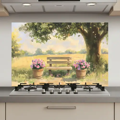 Houten bankje - Bloempotten - Landschap keuken achterwand spatscherm klein -3d_website