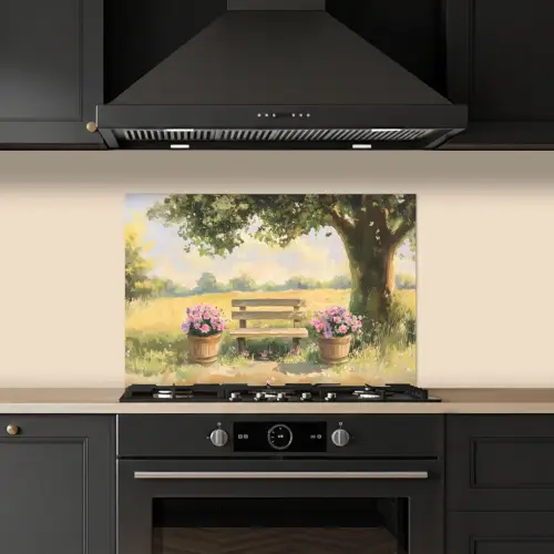 Houten bankje - Bloempotten - Landschap keuken achterwand spatscherm klein -sfeer1
