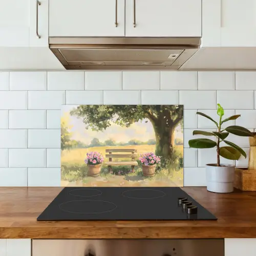 Houten bankje - Bloempotten - Landschap keuken achterwand spatscherm klein -sfeer2
