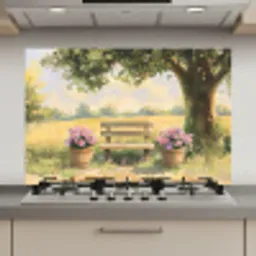 Houten bankje - Bloempotten - Landschap keuken achterwand spatscherm klein -3d_website
