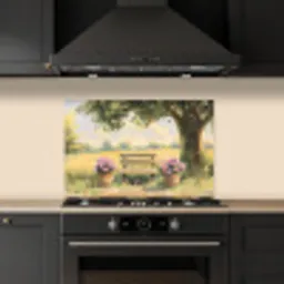 Houten bankje - Bloempotten - Landschap keuken achterwand spatscherm klein -sfeer1