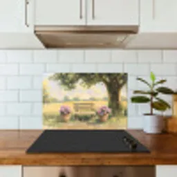 Houten bankje - Bloempotten - Landschap keuken achterwand spatscherm klein -sfeer2