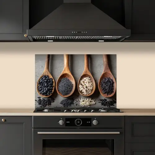 Houten - Lepels - Rijst - Zaden keuken achterwand spatscherm klein -sfeer1