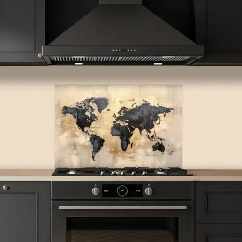 Wereldkaart - Goud - Zwart - Abstract keuken achterwand spatscherm klein -sfeer1