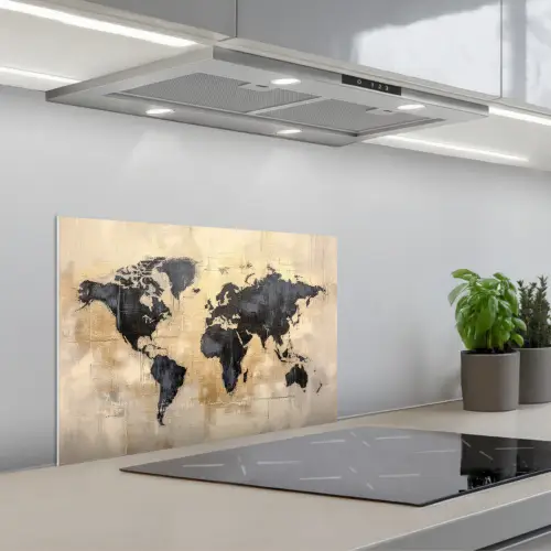 Wereldkaart - Goud - Zwart - Abstract keuken achterwand spatscherm klein -3d_schuin