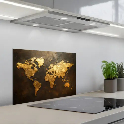 Wereldkaart - Goud - Roest keuken achterwand spatscherm klein -3d_schuin