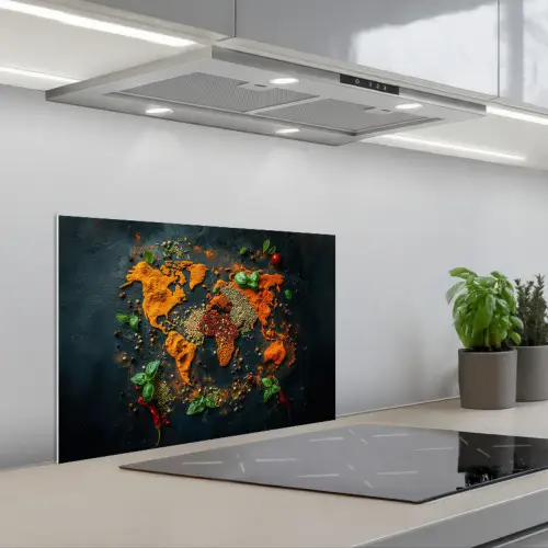 Wereldkaart - Kruiden - Levendige kleuren keuken achterwand spatscherm klein -3d_schuin