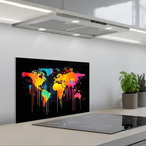 Wereldkaart - Verf - Kleurrijk - Graffiti - Wereld keuken achterwand spatscherm klein -3d_schuin