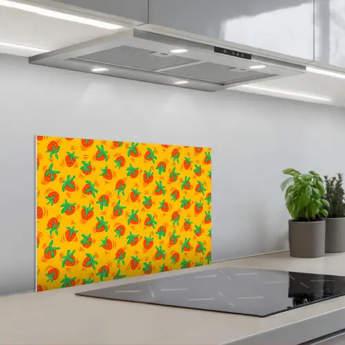 Geel - Aardbei - Patroon keuken achterwand spatscherm klein 900 -3d_schuin
