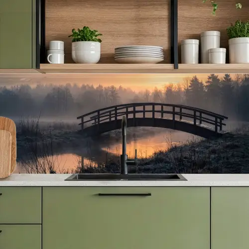 Brug - Mist - Bomen - Water keuken achterwand 2 middel -sfeer3