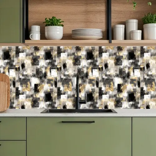 Penseelstrepen - Schaduwpatronen - Zwart - Goud keuken achterwand 2 middel 871 -sfeer3