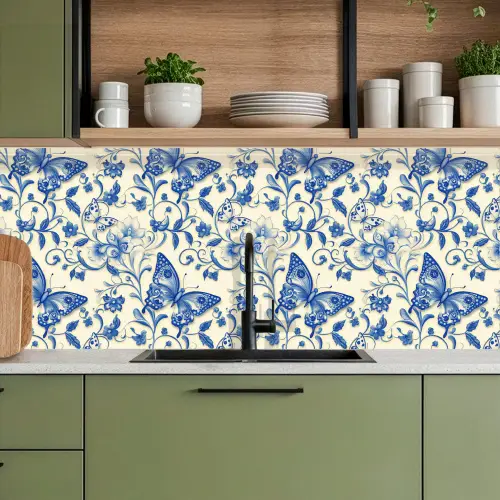 Vlinders - Bloemen - Blauw - Botanisch keuken achterwand 2 middel 871 -sfeer3
