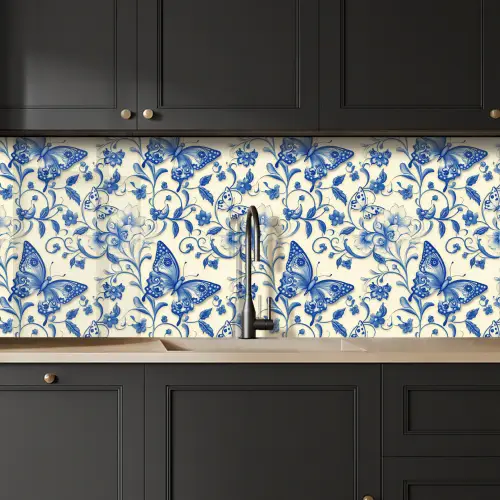 Vlinders - Bloemen - Blauw - Botanisch keuken achterwand 2 middel 871 -sfeer1
