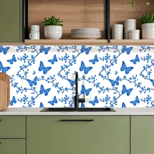 Vlinder - Bloemen - Blauw keuken achterwand 2 middel 871 -sfeer3