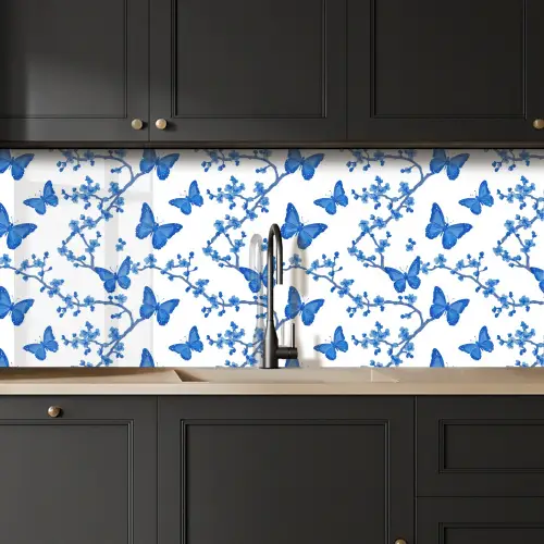 Vlinder - Bloemen - Blauw keuken achterwand 2 middel 871 -sfeer1