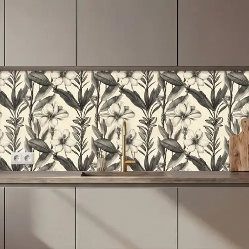 Klassiek - Botanisch - Zwart - Beige keuken achterwand 2 middel 871 zz_3dshopping