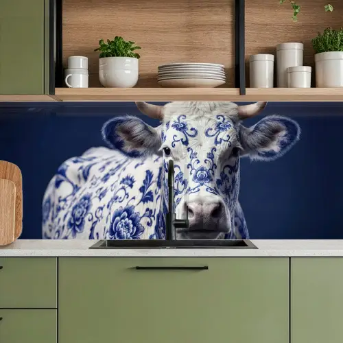 Koe - Delfts - Blauw - Artistiek keuken achterwand 2 middel -sfeer3
