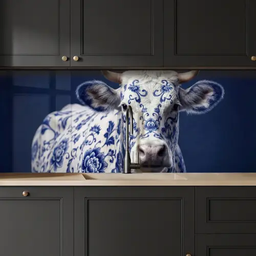 Koe - Delfts - Blauw - Artistiek keuken achterwand 2 middel -sfeer1