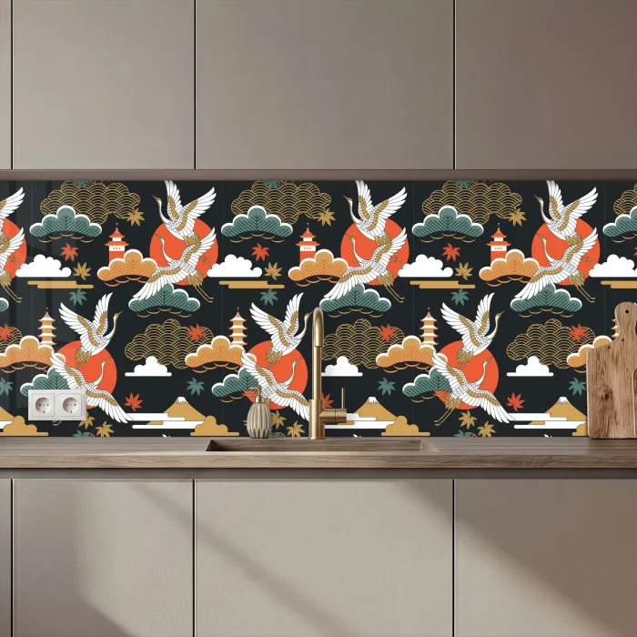 Kraanvogel - Wolken - Japan - Patroon keuken achterwand 2 middel 871 zz_3dshopping