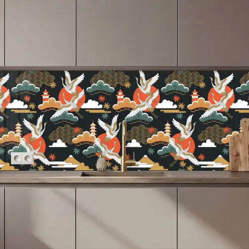 Kraanvogel - Wolken - Japan - Patroon keuken achterwand 2 middel 871 zz_3dshopping