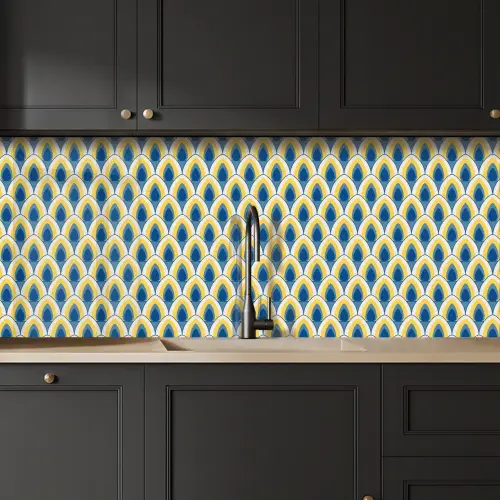 Design - Patroon - Retro - Geel - Blauw keuken achterwand 2 middel 871 -sfeer1