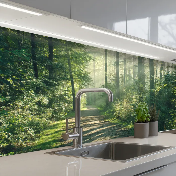 Bos - Pad - Zon - Bomen - Groen - Natuur keuken achterwand 2 groot -3d_schuin