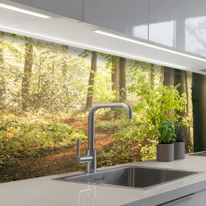 Bos - Bomen - Pad - Zon - Planten - Bladeren - Natuur keuken achterwand 2 groot -3d_schuin