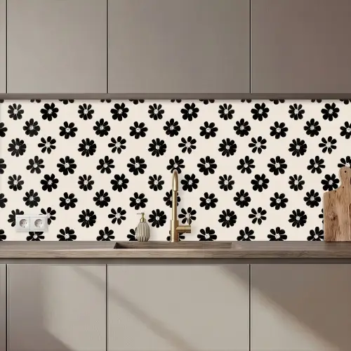 Grafisch - Madeliefjes - Zwart - Beige keuken achterwand 2 middel 871 zz_3dshopping