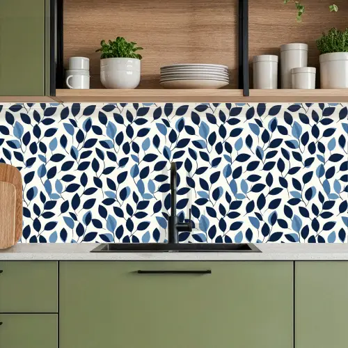Grafisch - Bladmotief - Diepblauw keuken achterwand 2 middel 871 -sfeer3
