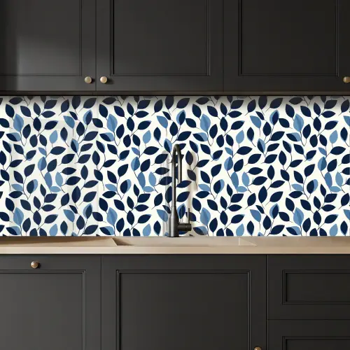 Grafisch - Bladmotief - Diepblauw keuken achterwand 2 middel 871 -sfeer1