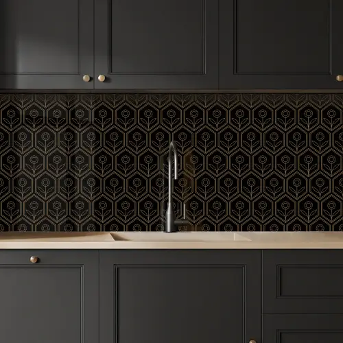 Zeshoek - Zwart - Goud - Bloem keuken achterwand 2 middel 871 -sfeer1