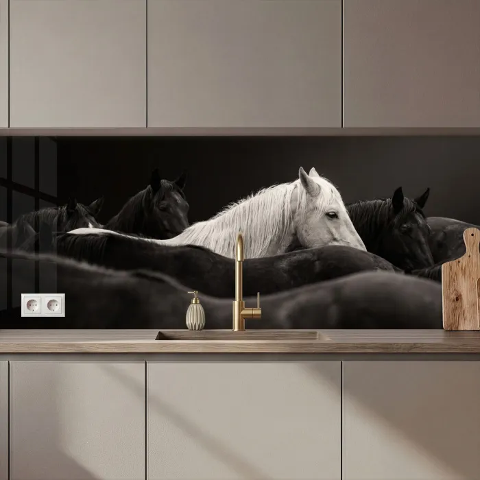 Paarden - Zwart - Wit - Kudde keuken achterwand 2 middel zz_3dshopping