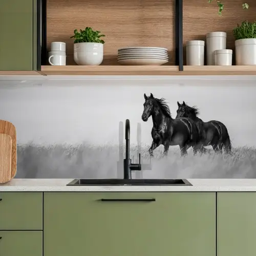 Paarden - Gras - Zwart - Wit keuken achterwand 2 middel -sfeer3
