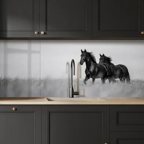 Paarden - Gras - Zwart - Wit keuken achterwand 2 middel -sfeer1