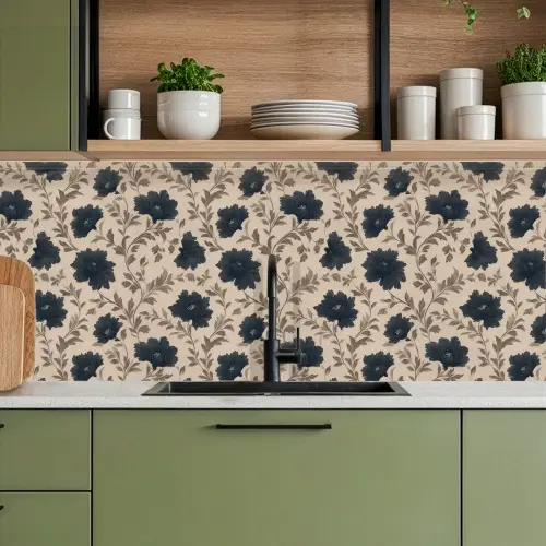 Motief - Bloemen - Zwart - Beige keuken achterwand 2 middel 871 -sfeer3