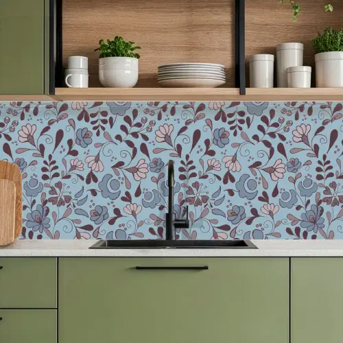 Patroon - Bloem - Grijs - Blauw keuken achterwand 2 middel 871 -sfeer3