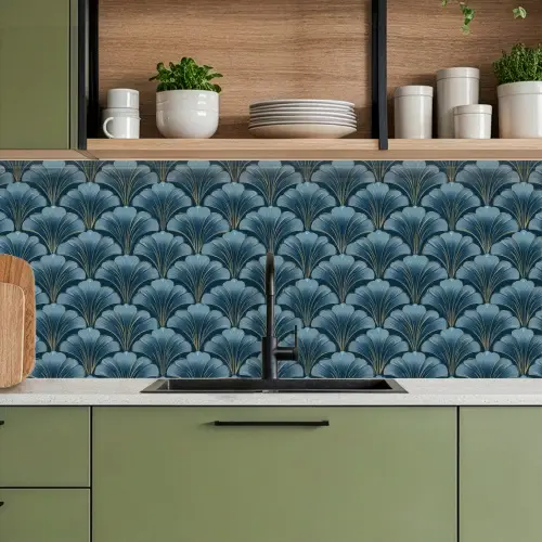 Patroon - Ginkgoblad - Blauw keuken achterwand 2 middel 871 -sfeer3