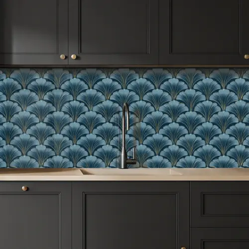 Patroon - Ginkgoblad - Blauw keuken achterwand 2 middel 871 -sfeer1